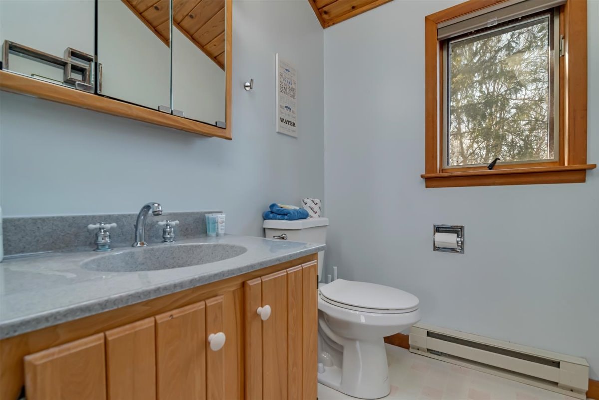 Bathroom with pine wood vanity, gray countertop and lake-themed decor