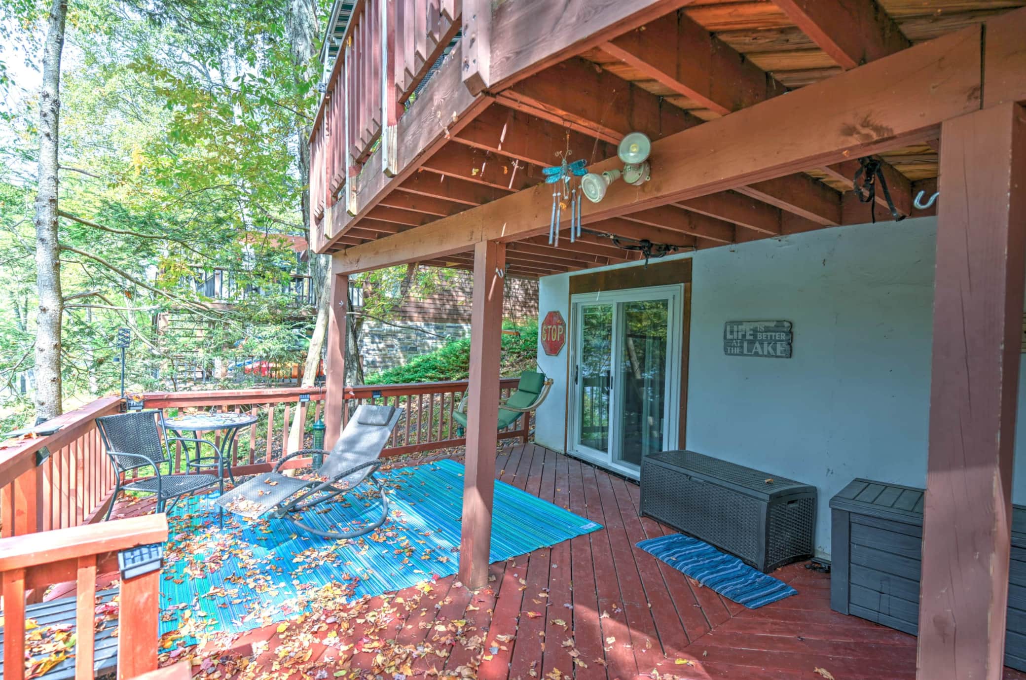 Multi-level deck with lake views